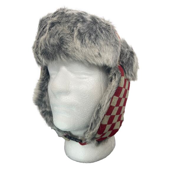 Red Checkered Aviator Hat Faux Fur Winter Ski Trooper Trapper Ear Flap Cap - Picture 5 of 6
